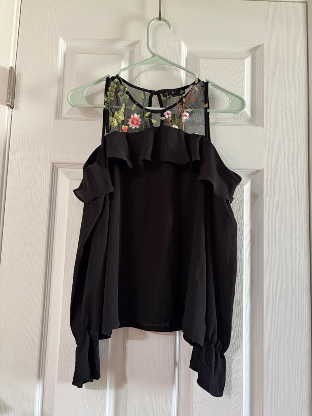 iris Black Off-the-Shoulder Ruffle Top with Floral Embroidered Mesh